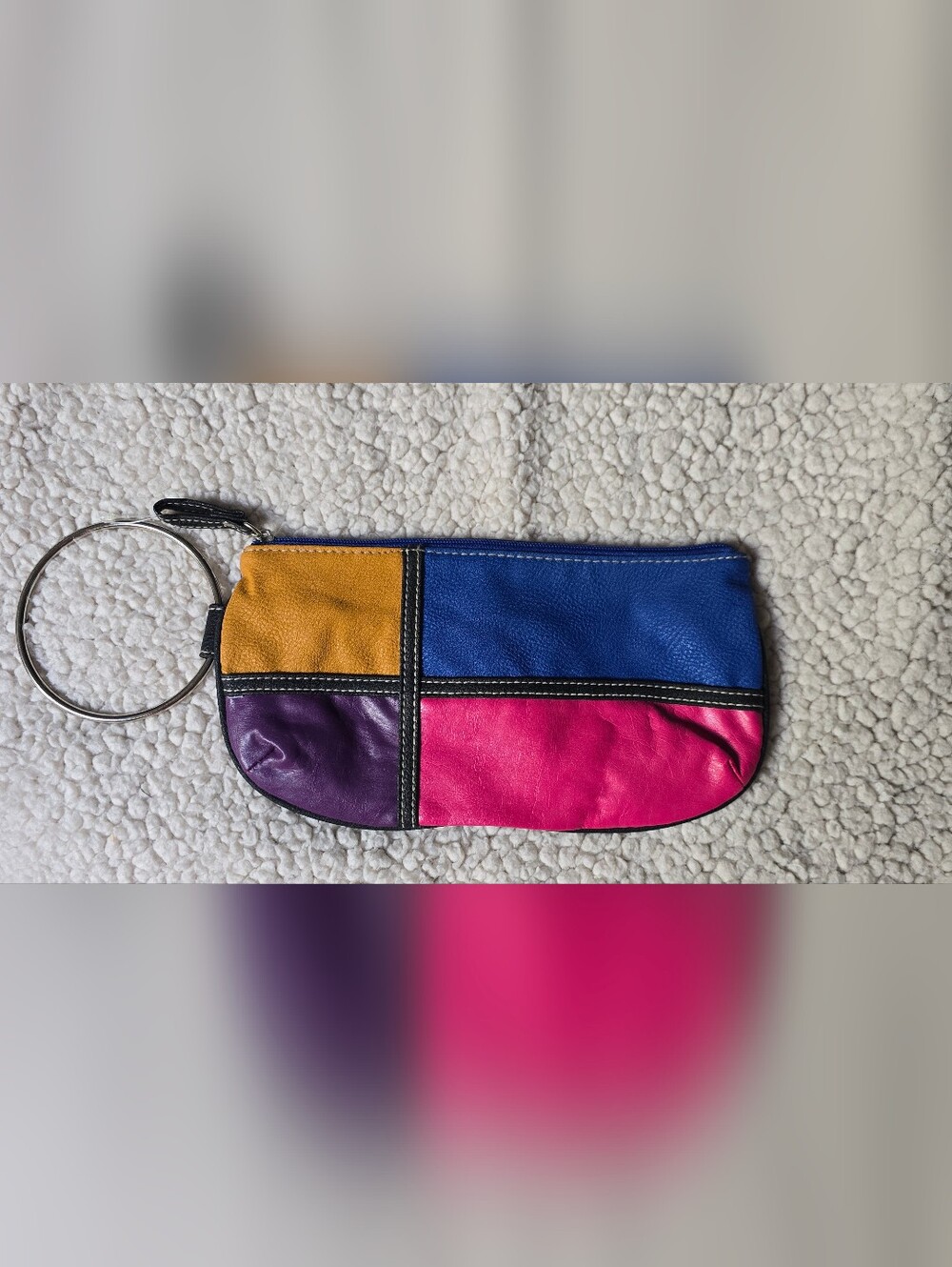 Colorblock Leather Wristlet 80s Style - Pink, Blue, Purple & Mustard